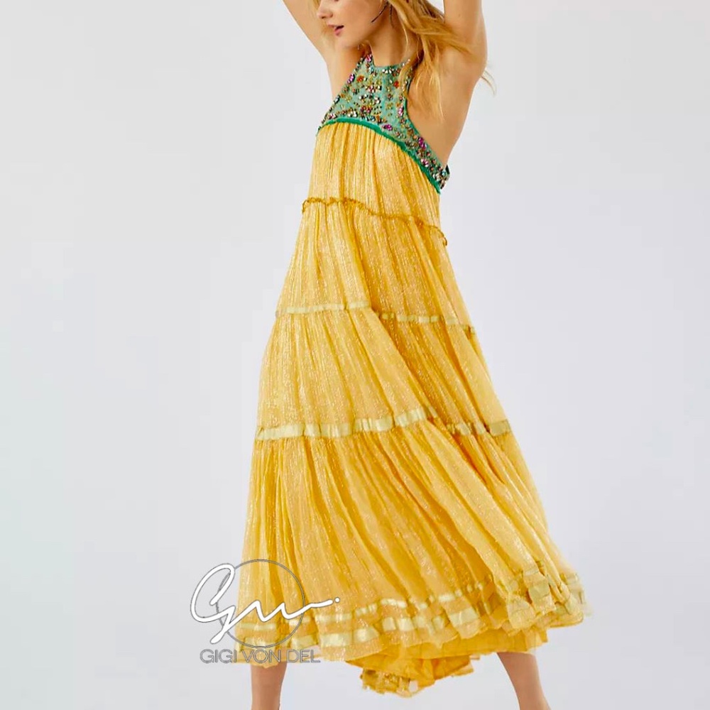 Free People Crown Jewel Maxi Dress - S (yellow, sequin, bohemian)